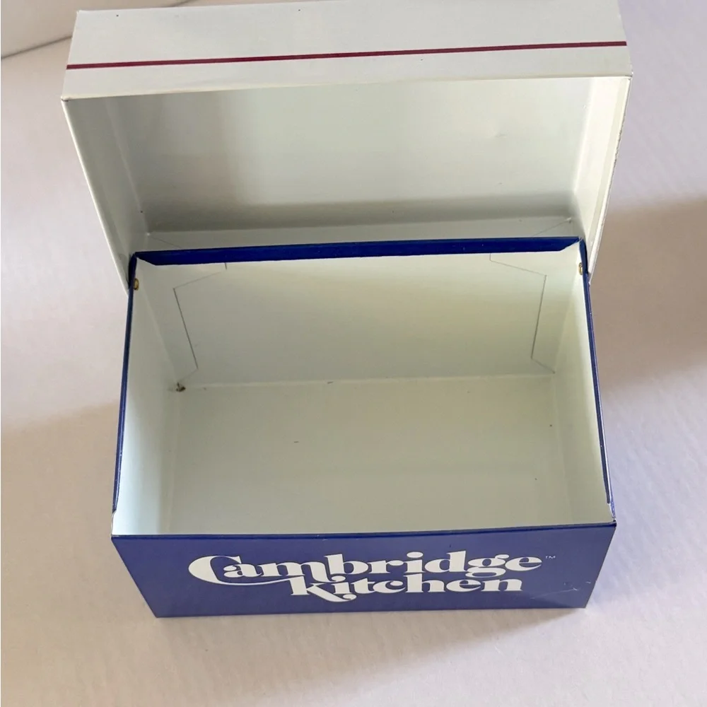 Vintage Blue and White Metal Recipe Box Cambridge Kitchen Graphic Cottagecore
